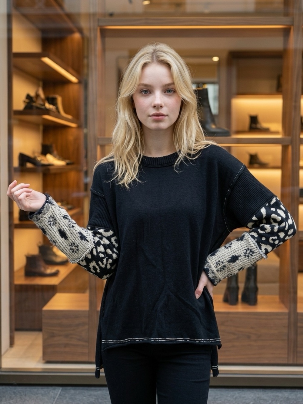 We The Free Black Crewneck Sweater with Tiger style Cuff sleeves